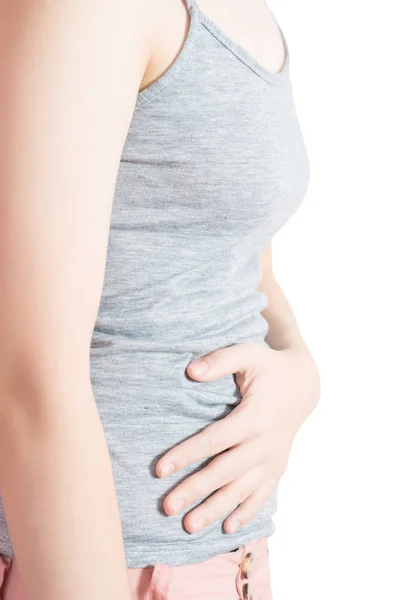 Bauchschmerzen bei einer Frau, die auf weißem Hintergrund isoliert ist. Clipping Pfad auf weißem Hintergrund. — Stockfoto