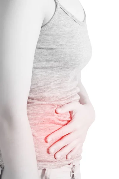 白い背景に分離された女性の腹痛。白い背景のクリッピングパス. — ストック写真