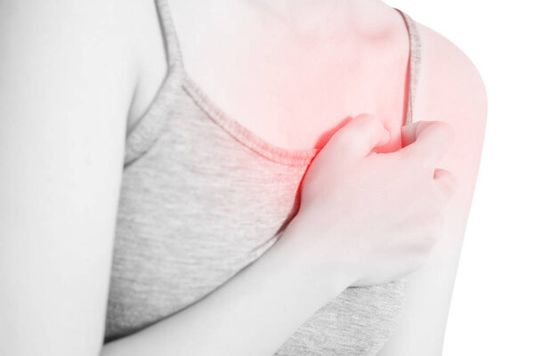 Боль в груди или астма у женщины, изолированной на белом фоне. Клипинг путь на белом фоне
.