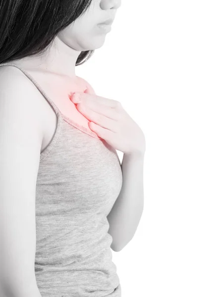 Chest pain or asthma in a woman isolated on white background. Clipping path on white background. — Stock Photo, Image