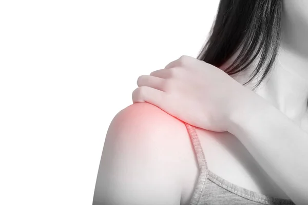 Backache or Painful shoulder in a woman isolated on white background. Clipping path on white background. — Stock Photo, Image