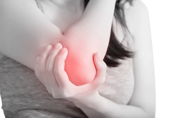 Dolor agudo en un codo de mujer aislado sobre fondo blanco. Recorte de ruta sobre fondo blanco . — Foto de Stock