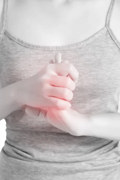 흰색 배경에 고립 된 여자 손에 급성 통증. Clippin — 스톡 사진