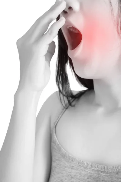 Acute pain and sore throat symptom in a woman isolated on white background. Clipping path on white background. — Stock Photo, Image
