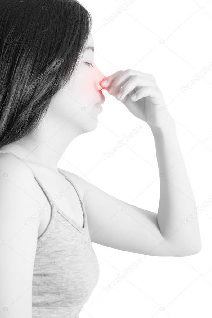Nose pain symptom in a woman isolated on white background. Clipping path on white background.