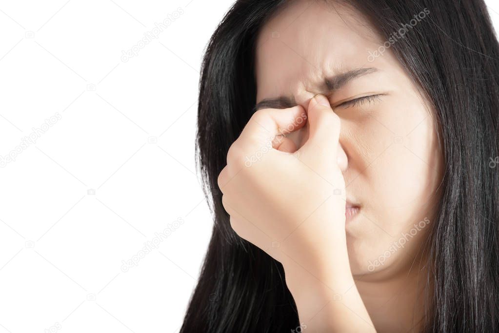 Nose pain symptom in a woman isolated on white background. Clipping path on white background.