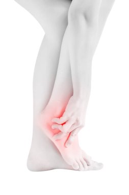 Acute pain in a woman  ankle isolated on white background. Clipping path on white background. clipart