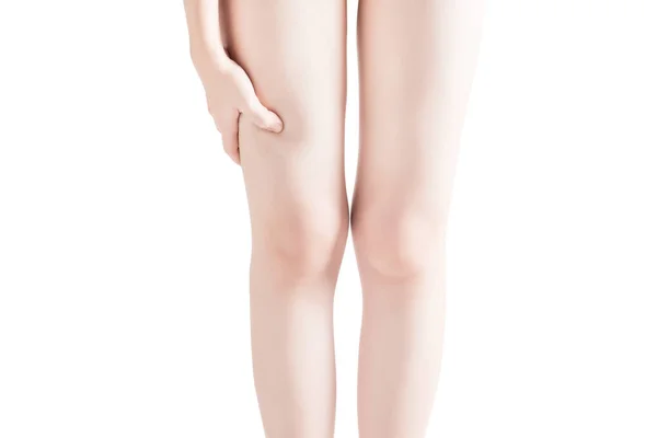 Гострий біль у стегні жінки ізольовано на білому тлі. Відсічний контур на білому тлі . — стокове фото