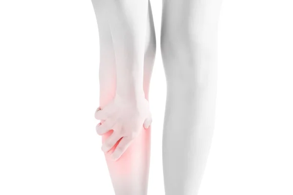 Acute pain in a woman shin isolated on white background. Clipping path on white background. — Stock Photo, Image