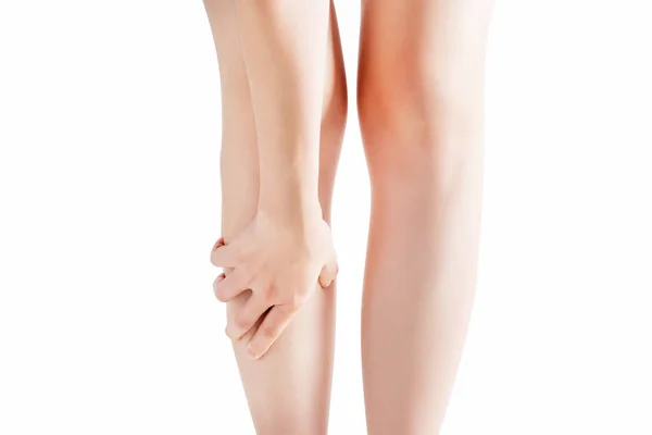 Akute Schmerzen in einer Frau Schienbein isoliert auf weißem Hintergrund. Clipping Pfad auf weißem Hintergrund. — Stockfoto
