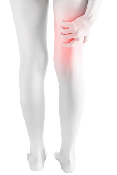 Acute pain in a woman thigh isolated on white background. Clipping path on white background. — Stock Photo, Image