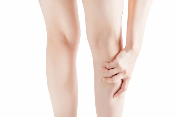 Acute pain in a woman  calf leg isolated on white background. Clipping path on white background. — Stock Photo, Image