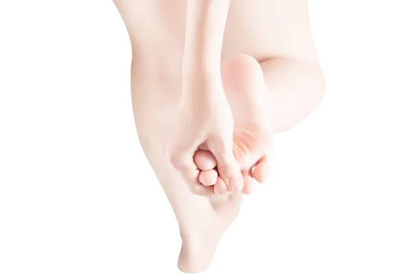Острая боль в ногах женщины изолирована на белом фоне. Клипинг путь на белом фоне . — стоковое фото