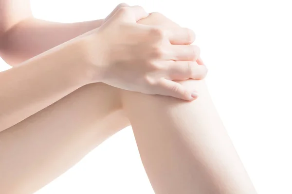 Ostry ból w kolanie kobieta na białym tle. Clippin — Zdjęcie stockowe