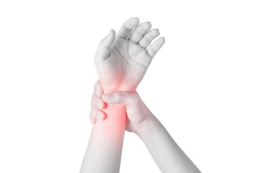 Beyaz arka plan üzerinde izole kadın bilek akut ağrı. Beyaz arka plan üzerinde kırpma yolu.