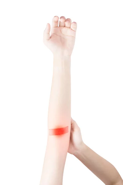 在白色背景上孤立的女人手臂的急性疼痛。白色背景上剪切路径. — 图库照片