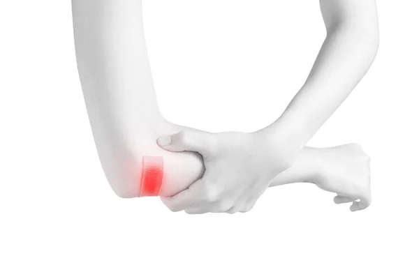 Οξύς πόνος σε μια γυναίκα αγκώνα που απομονώνονται σε λευκό φόντο. Διαδρομή αποκοπής σε λευκό φόντο. — Φωτογραφία Αρχείου