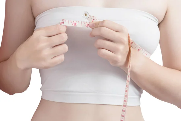 Vrouw meten zwaarlijvige geïsoleerd op witte achtergrond. Uitknippad op witte achtergrond. — Stockfoto