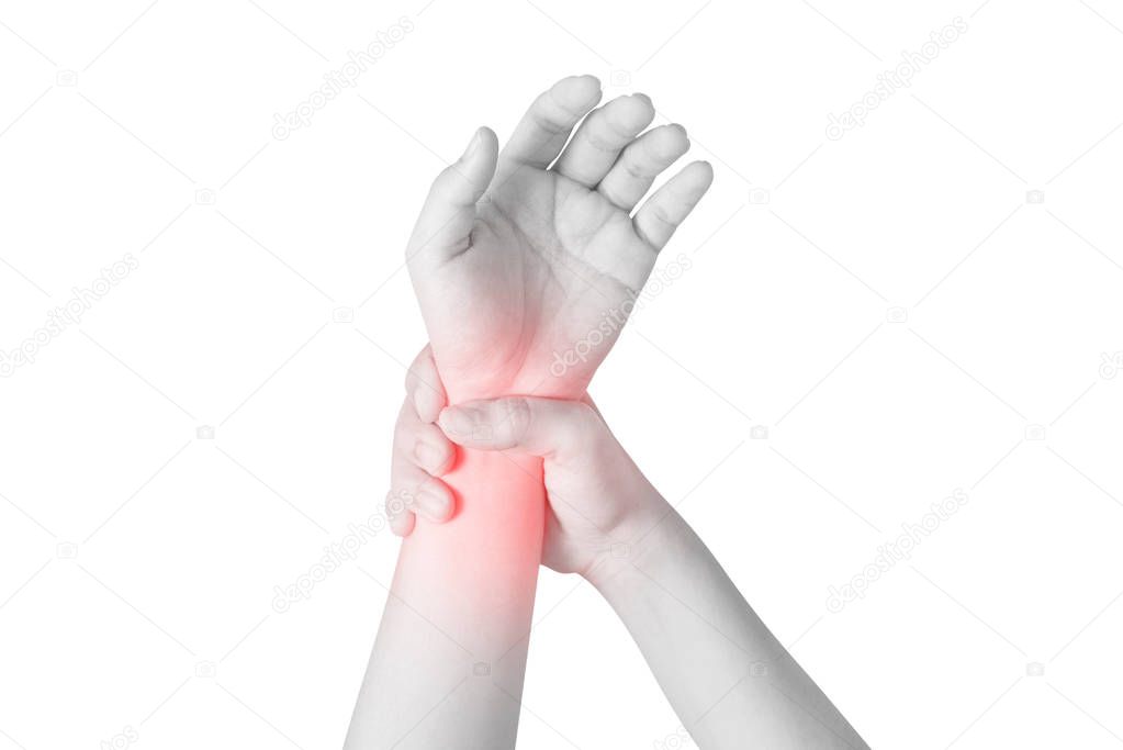 Acute pain in a woman wrist isolated on white background. Clipping path on white background.