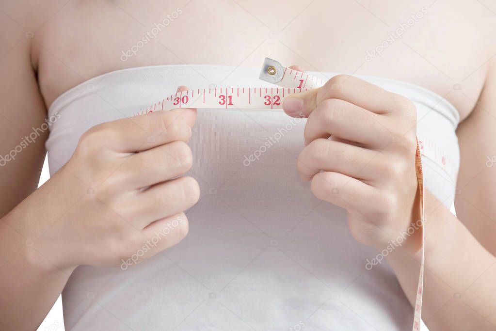 Woman measuring obese isolated on white background. Clipping pat