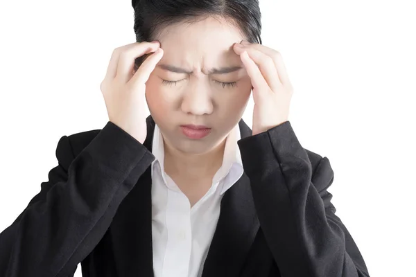 Headache symptom in a businesswoman isolated on white background. Clipping path on white background. — Stock Photo, Image