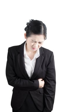 Beyaz arka plan üzerinde izole bir kadın mide ağrısı. Beyaz arka plan üzerinde kırpma yolu.