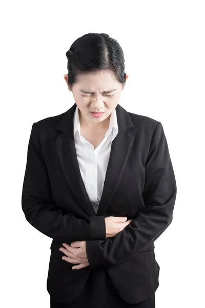 Stomachache in a woman isolated on white background. Clipping path on white background. — Stock Photo, Image