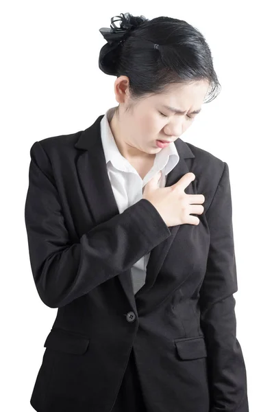Πόνος στο στήθος ή άσθμα σε μια γυναίκα που απομονώνονται σε λευκό φόντο. Διαδρομή αποκοπής σε λευκό φόντο. — Φωτογραφία Αρχείου
