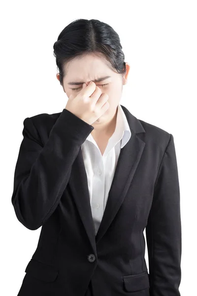 Nasenschmerzen Symptom bei einer Frau isoliert auf weißem Hintergrund. Clipping Pfad auf weißem Hintergrund. — Stockfoto