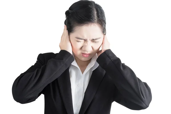 Ból głowy objaw w kobieta na białym tle — Zdjęcie stockowe