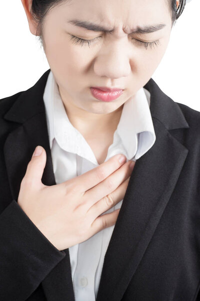 Боль в груди или астма у женщины, изолированной на белом фоне. Клипинг путь на белом фоне
.