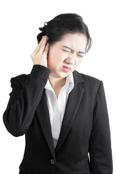 Kopfschmerzsymptom bei einer Geschäftsfrau, die auf weißem Hintergrund isoliert ist. Clipping Pfad auf weißem Hintergrund. — Stockfoto