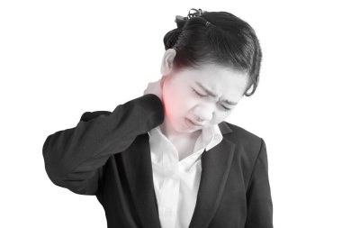 Headache symptom in a businesswoman isolated on white background. Clipping path on white background. clipart