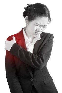 Beyaz arka plan üzerinde izole işkadını ağrılı omuz. Beyaz arka plan üzerinde kırpma yolu.