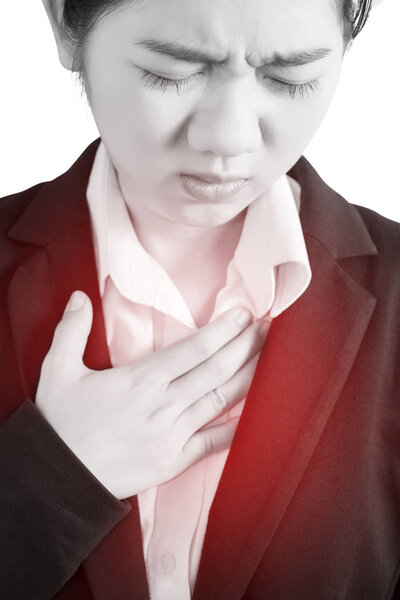 Боль в груди или астма у женщины, изолированной на белом фоне. Клипинг путь на белом фоне
.