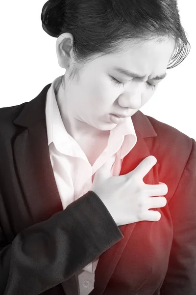 Bröstsmärta eller astma hos en kvinna som isolerad på vit bakgrund. Urklippsbana på vit bakgrund. — Stockfoto