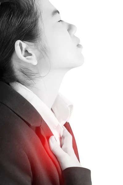 Chest pain or asthma in a woman isolated on white background. Clipping path on white background. Royalty Free Stock Images