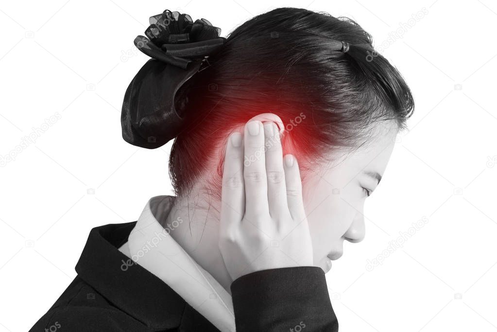ear pain symptom in a businesswoman isolated on white background. Clipping path on white background.