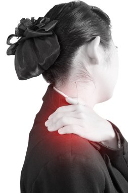 Beyaz arka plan üzerinde izole işkadını ağrılı omuz. Beyaz arka plan üzerinde kırpma yolu.