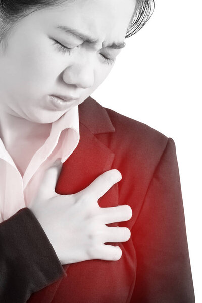 Боль в груди или астма у женщины, изолированной на белом фоне. Клипинг путь на белом фоне
.