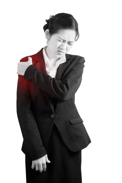 Painful shoulder in a businesswoman isolated on white background. Clipping path on white background. Stock Picture