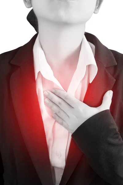 Brustschmerzen oder Asthma bei einer Frau, die auf weißem Hintergrund isoliert ist. Clipping Pfad auf weißem Hintergrund. — Stockfoto