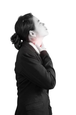 Acute pain and sore throat symptom in a woman isolated on white background. Clipping path on white background. clipart