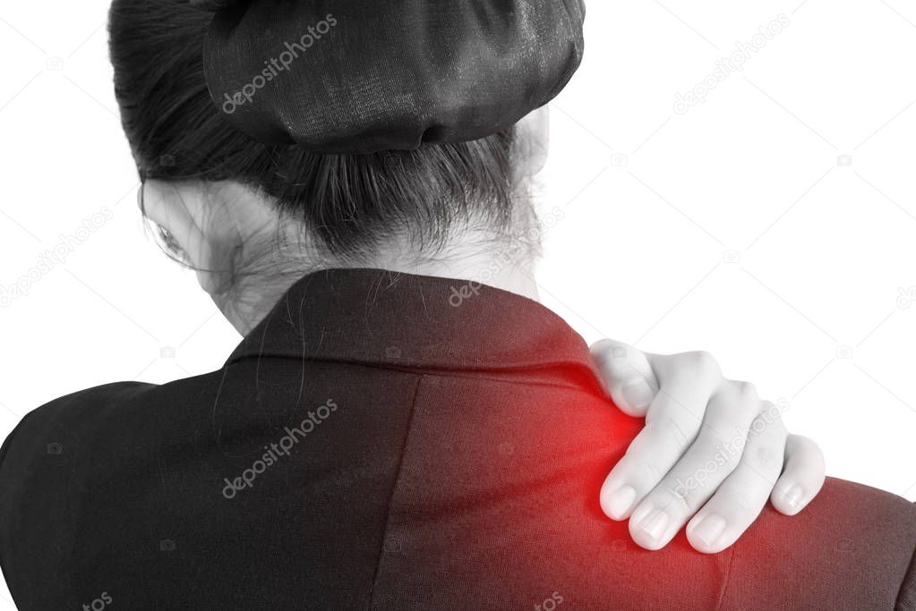 Painful shoulder in a businesswoman isolated on white background. Clipping path on white background.