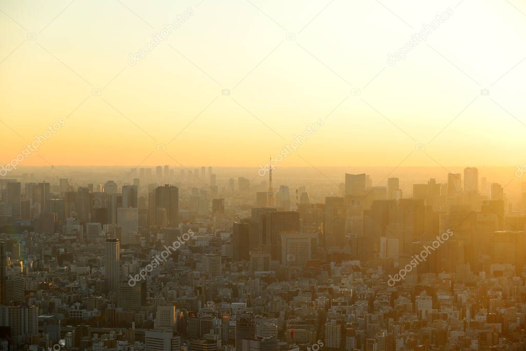 Beautiful city landscape of Tokyo city in the sunrise and faint fog, cover the wind.