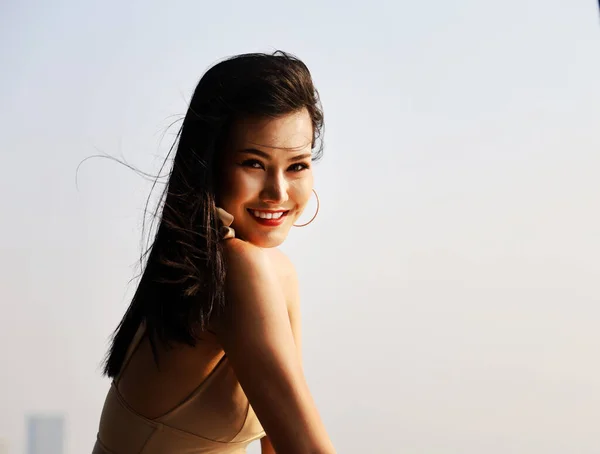 Beautiful Asia Woman Sexy Smile Portrait Beach Soft Sunrise Face — Stock Photo, Image