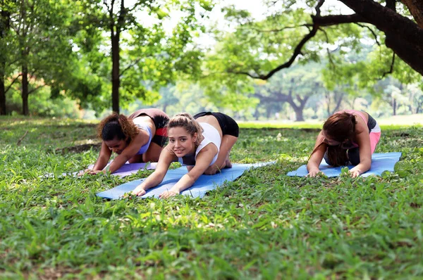 Retrato Felicidad Mujer Joven Ejercicio Yoga Por Mañana Jardín Parque — Foto de Stock