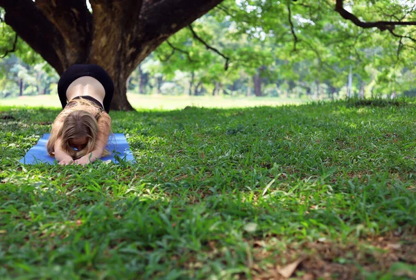 Felicidad Mujer Joven Ejercicio Yoga Por Mañana Jardín Parque — Foto de Stock