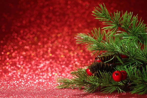 Christmas tree branches on glittering red background — Stock Photo, Image