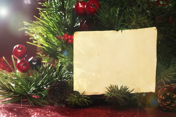 Christmas tree banches with blank note — Stock Photo, Image
